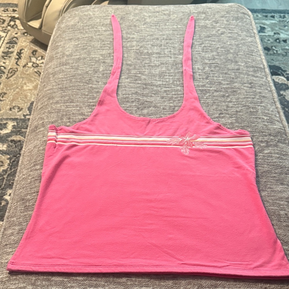 Pink Scoop Neck Sexy Halter Top with Striped Detail